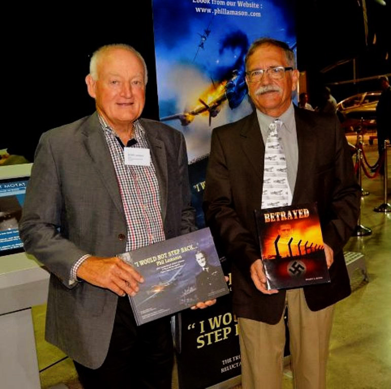 John Lamason and Ric Martini, sons of Buchenwald survivors Phil Lamason and Frederick C. Martin, with their respective fathers’ stories at the MOTAT book launch, Auckland, March 2018 (Photo courtesy of Peter Wheeler, NZBCA)