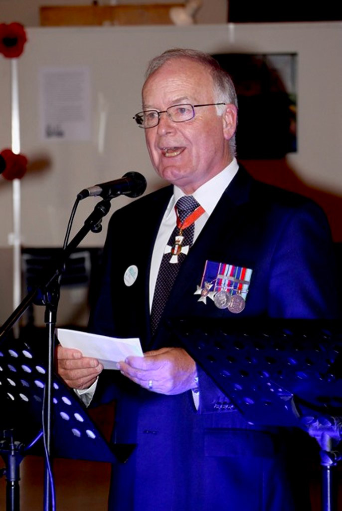 Retired RNZAF Air Vice Marshall John Hamilton addressing guests, Dannevirke book launch, February 2018.